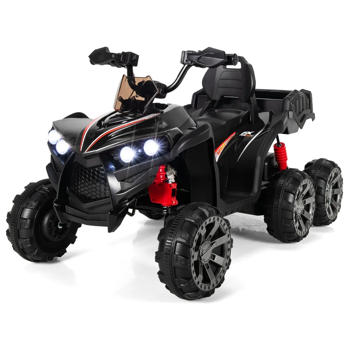 12V ELEKTRISCH KINDERVOERTUIG MET 6 WIELEN 4 AANDRIJVING KINDERQUAD OP BATTERIJEN ACHTERBAK LEDVERLICHTING MUZIEK VERHAAL ZWART