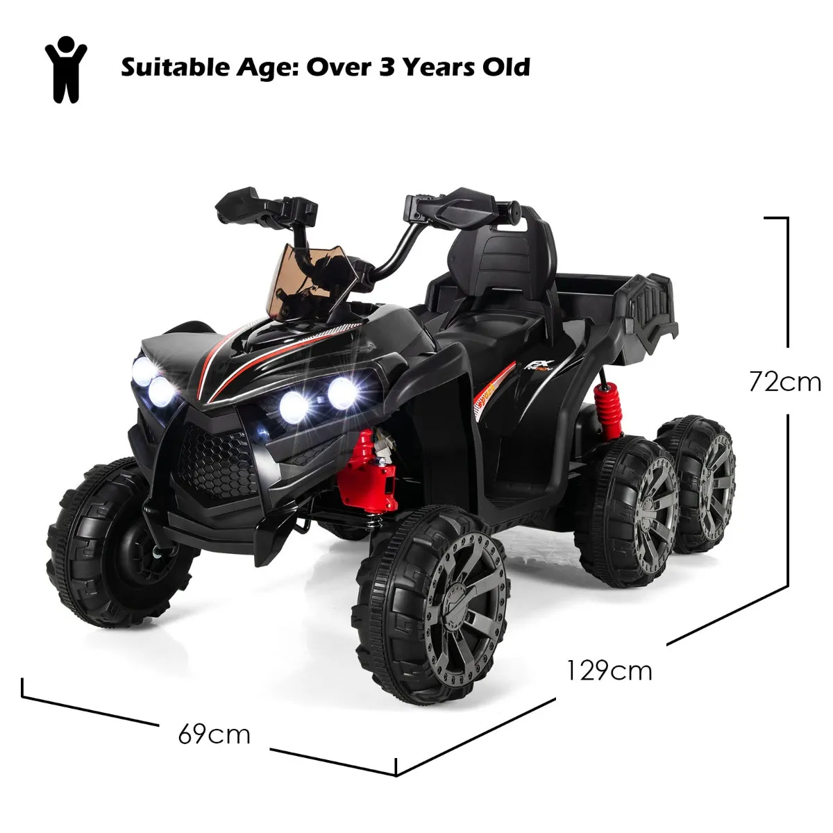 12V ELEKTRISCH KINDERVOERTUIG MET 6 WIELEN 4 AANDRIJVING KINDERQUAD OP BATTERIJEN ACHTERBAK LEDVERLICHTING MUZIEK VERHAAL ZWART