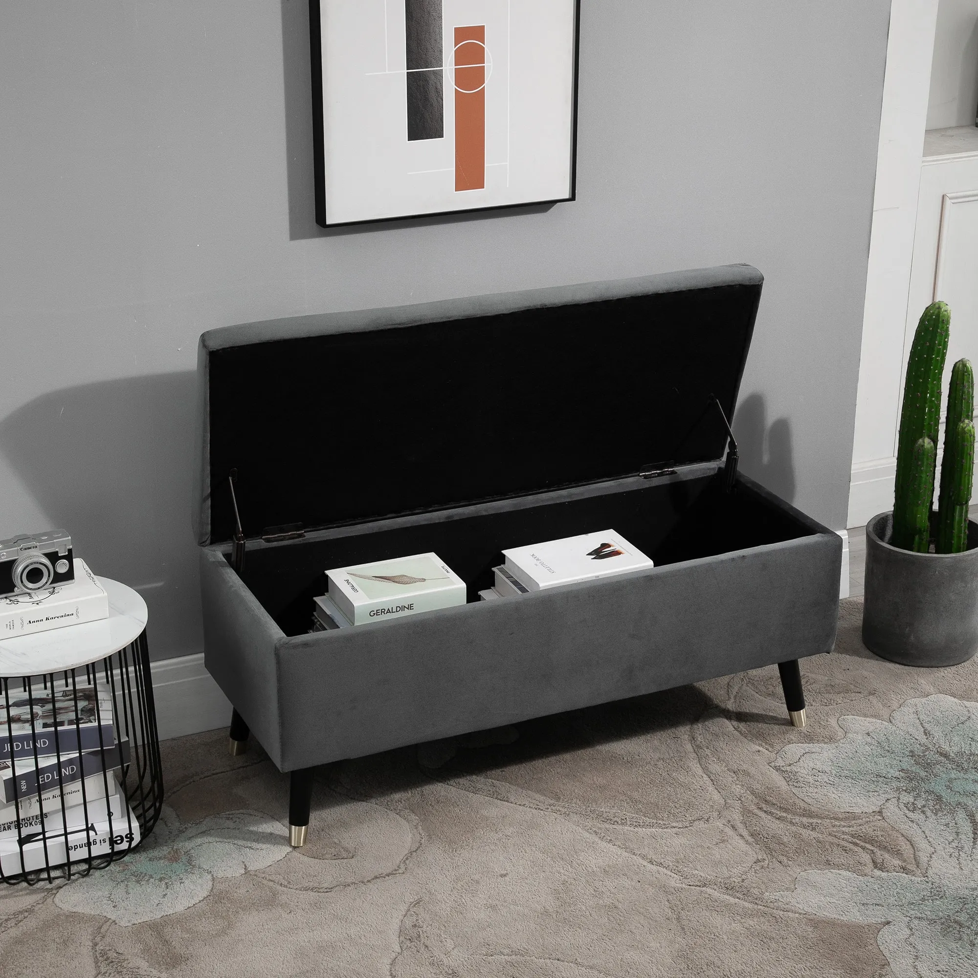 Stoel, gestoffeerde bank met opbergruimte, borstbank, metaal, schuim, rubberen hout, kolengrijs, 110 x 43 x 45 cm